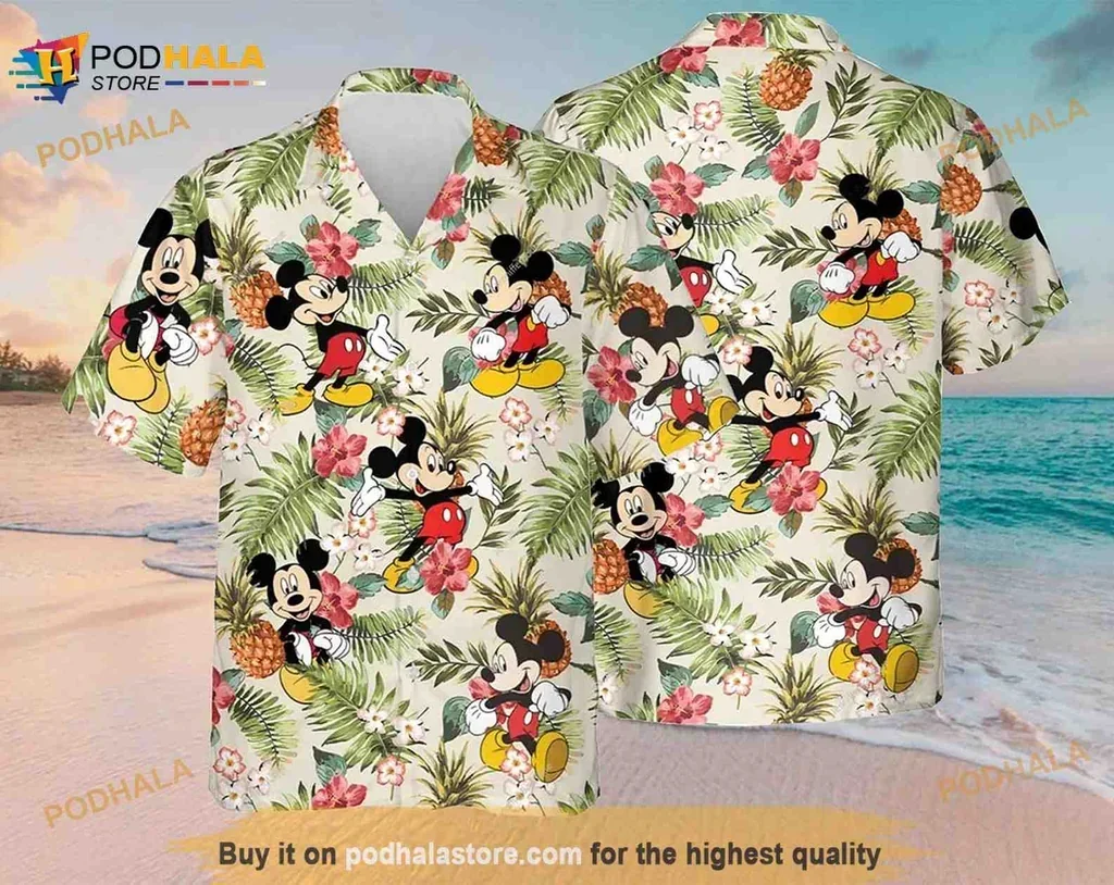 Cute Mickey Mouse Floral Aloha Shirt With Tropical Design