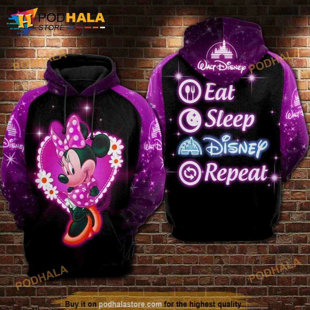 Cute Minnie Mouse 3d Hoodie, Eat Sleep Disney Repeat Design