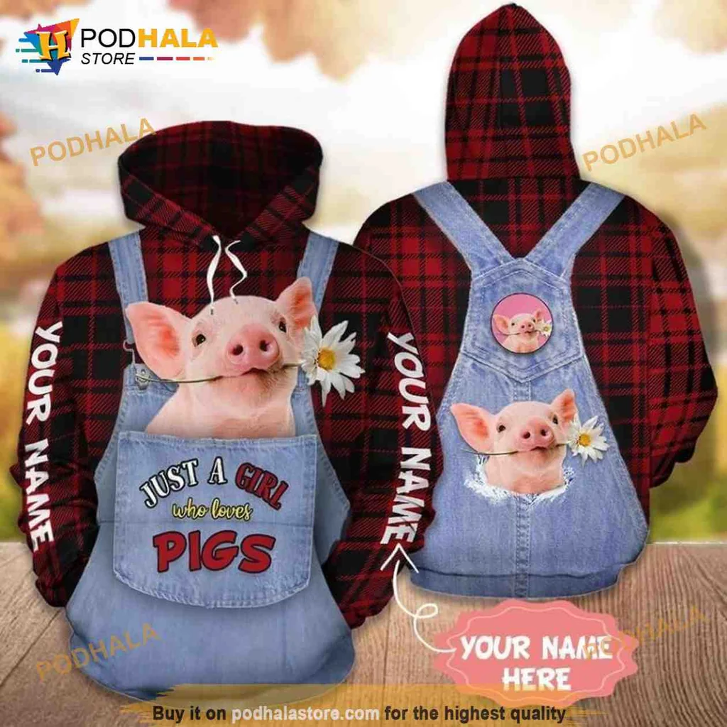 Cute Piglet Lover 3d Hoodie With Playful Design And Cozy Plaid Background