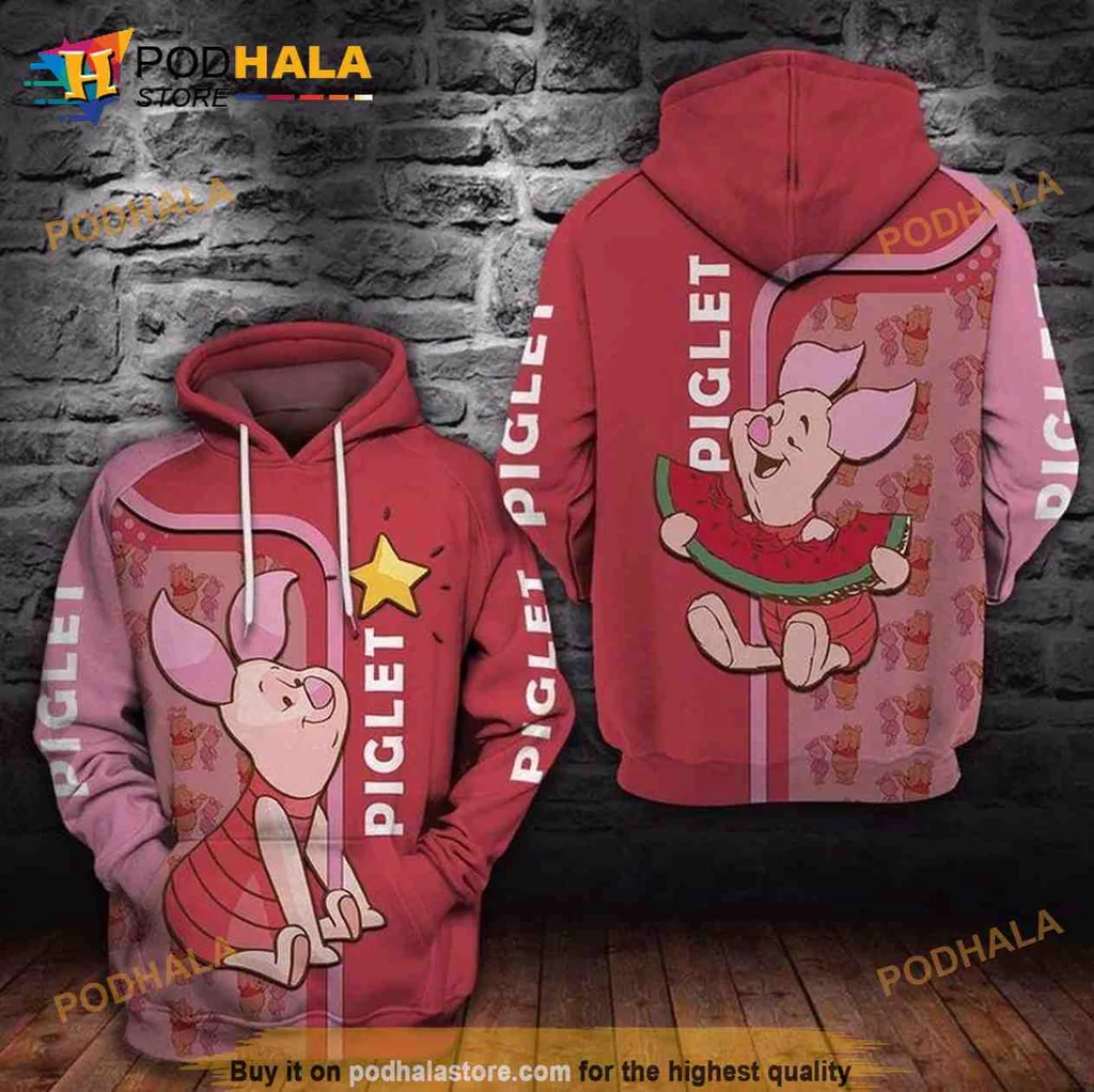 Cute Piglet Watermelon 3d Hoodie, Cheerful Cartoon Design For Casual Wear