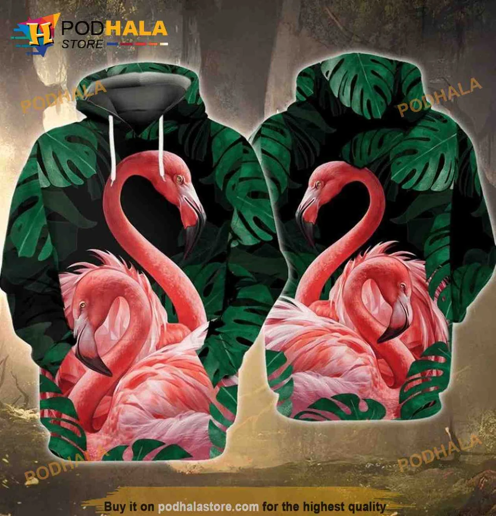 Cute Pink Flamingo Tropical 3d Hoodie Featuring Intertwined Flamingos And Lush Leaves