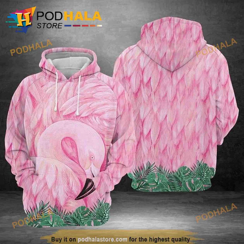 Cute Pink Flamingo Tropical 3d Hoodie With Lush Green Leaves Design