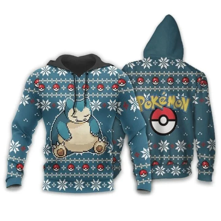 Cute Pixelated Snorlax Christmas 3d Hoodie, Festive Anime Design With Snowflakes