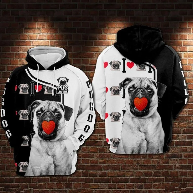Cute Pug Lover 3d Hoodie With Heart And Paw Print Design