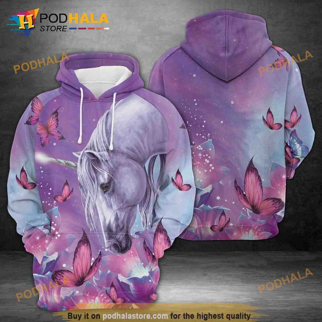 Cute Purple Unicorn 3d Hoodie With Dreamy Butterflies In Vibrant Colors