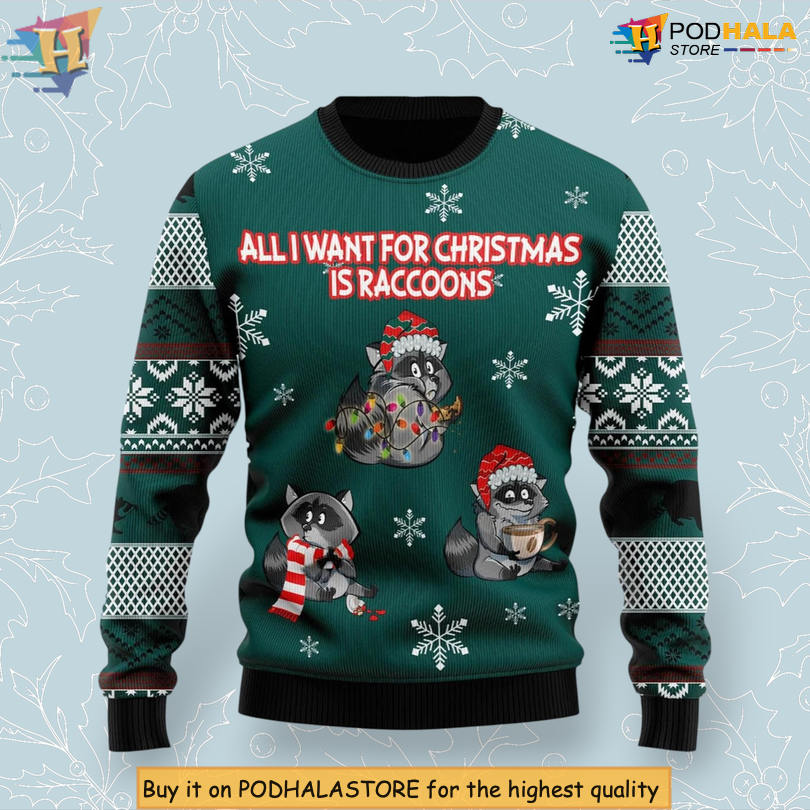 Cute Raccoons Illustration All I Want For Christmas Is Raccoons Warm Christmas Sweater