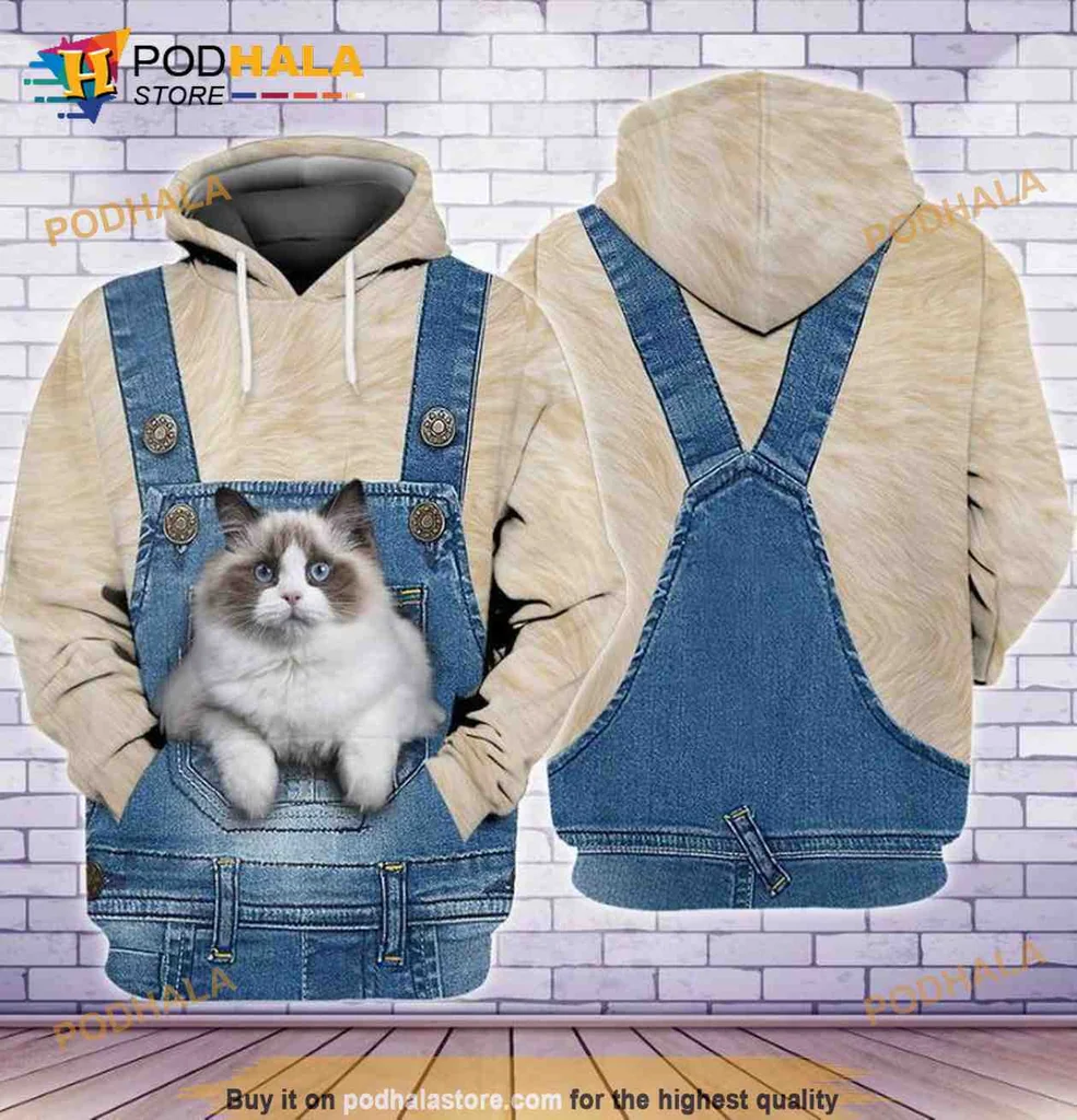 Cute Ragdoll Cat 3d Hoodie With Denim Overalls Pocket Design