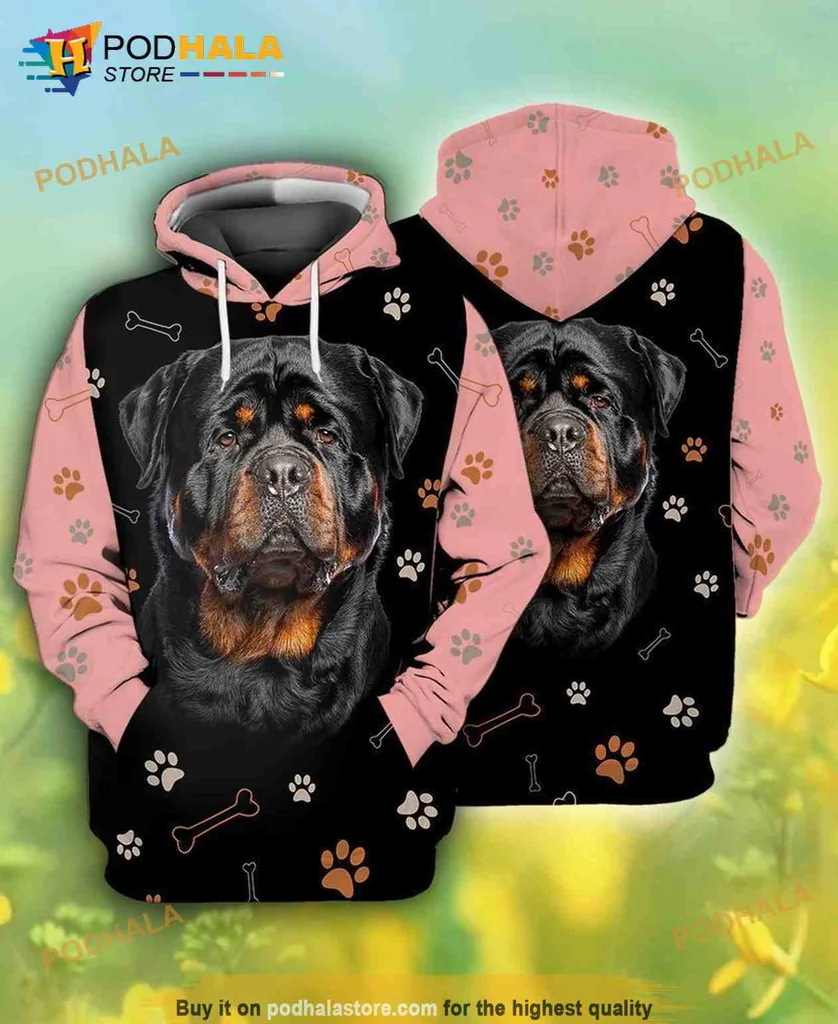 Cute Rottweiler Face 3d Hoodie Sweatshirt With Paw Print Design