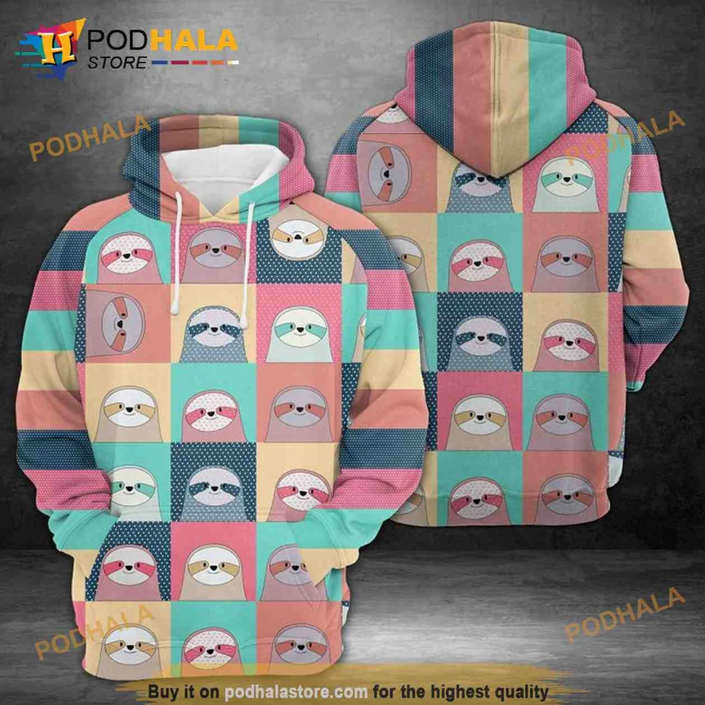 Cute Sloth Pattern 3d Hoodie With Playful Expressions And Pastel Colors