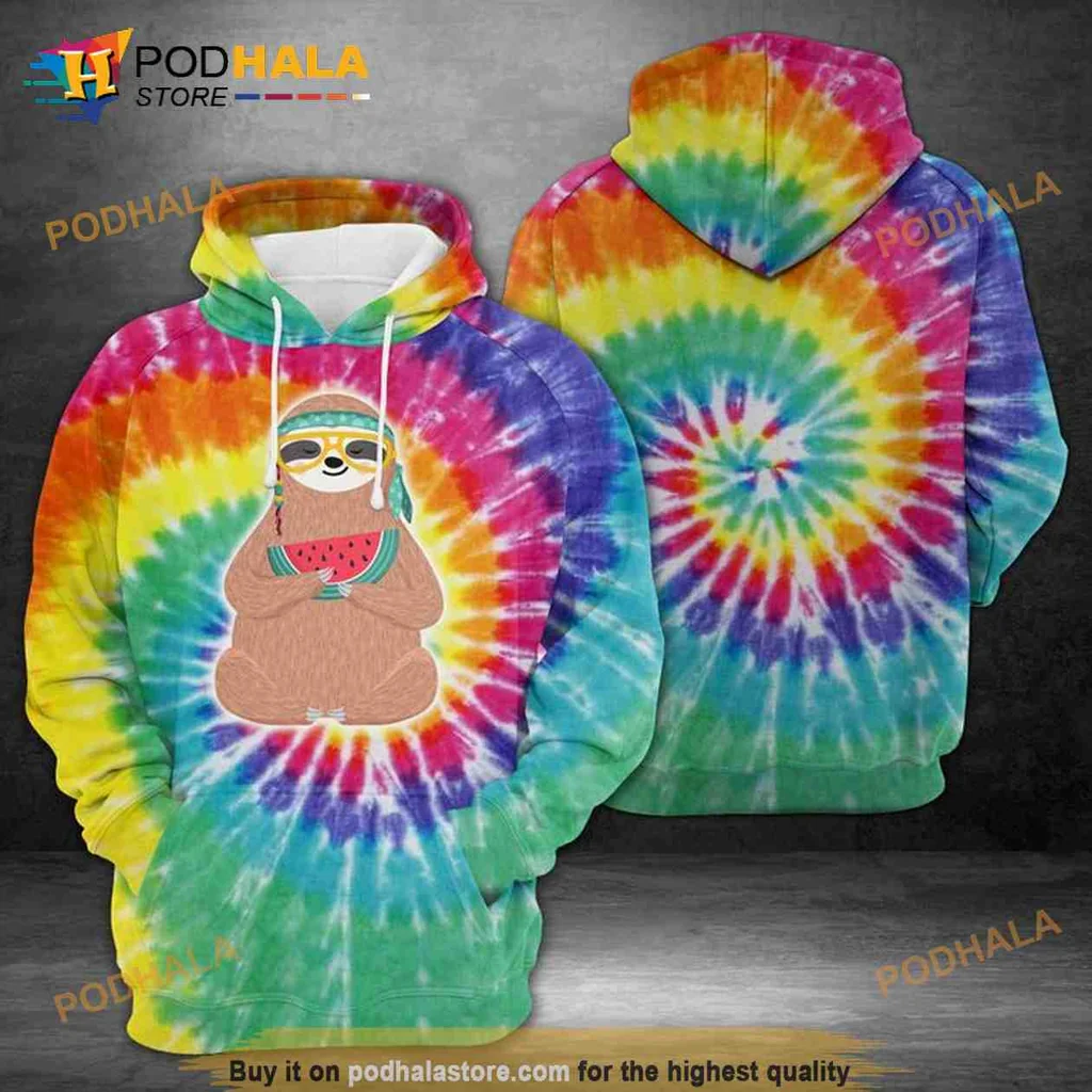 Cute Sloth Tie Dye 3d Hoodie With Vibrant Colors And Watermelon