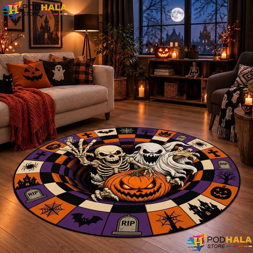 Cute Spooky Ghost Halloween Round Area Rug Cozy Fall Gothic Room Accent
