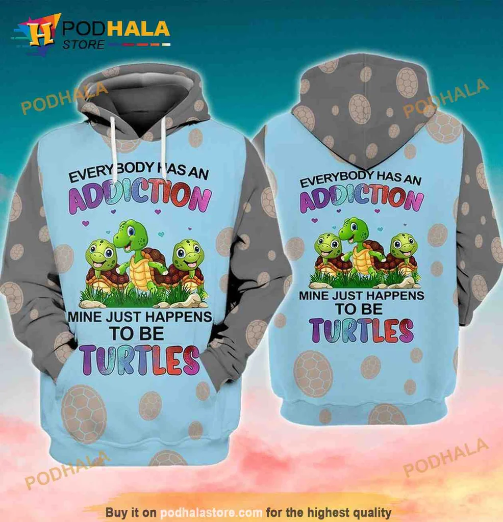 Cute Turtle Addiction 3d Hoodie Featuring Playful Cartoon Design