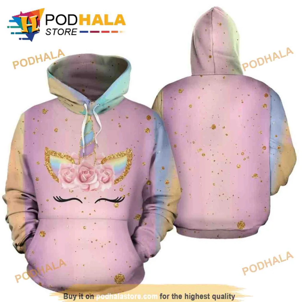 Cute Unicorn 3d Hoodie With Colorful Horn And Pink Roses