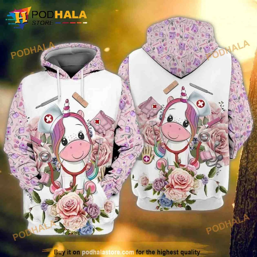 Cute Unicorn Nurse 3d Hoodie Featuring Floral Design And Medical Tools