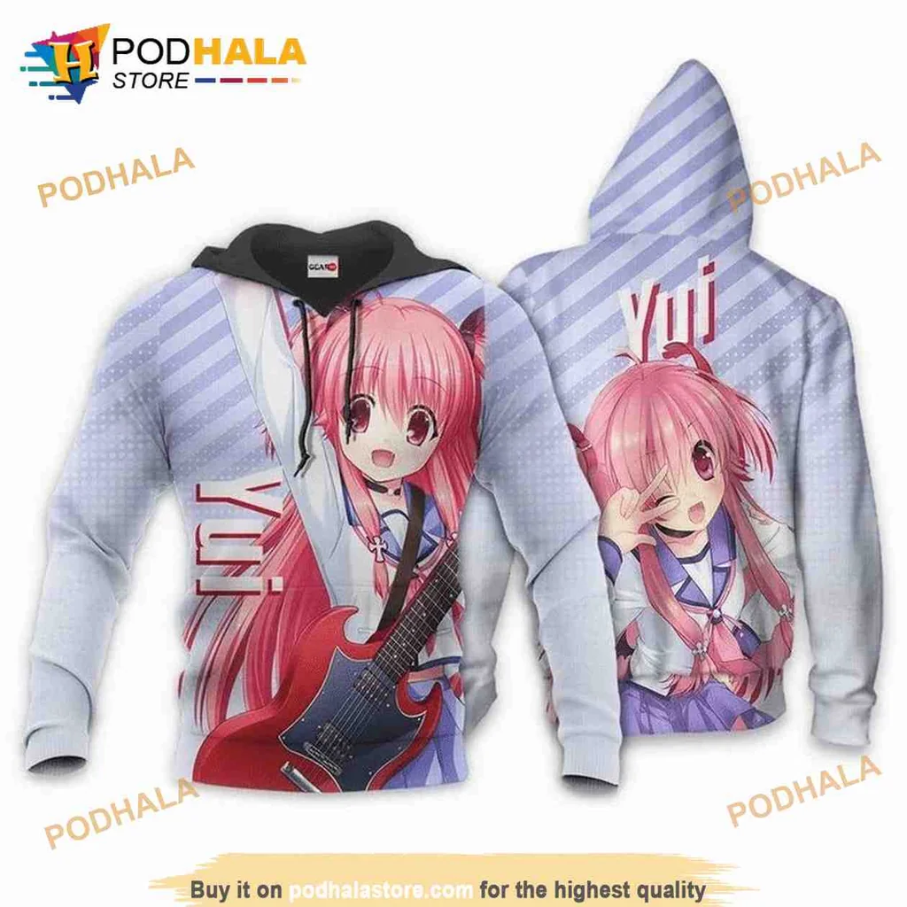 Cute Yui Anime Character 3d Hoodie With Cheerful Pose And Guitar