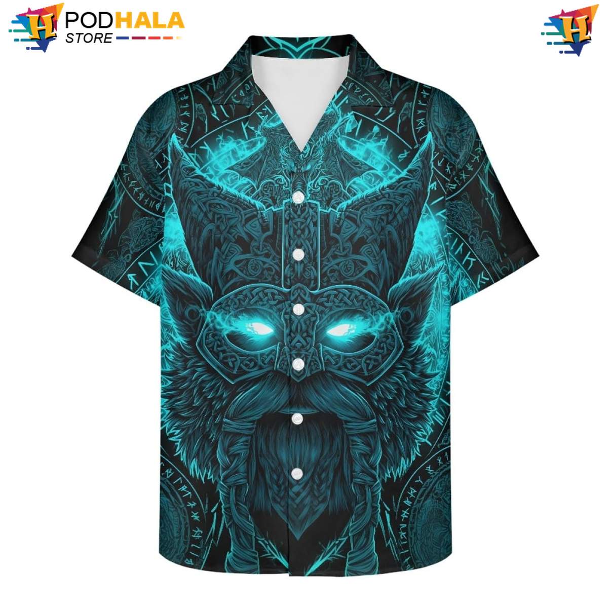 Cyan Norse Mask Warrior Hawaiian Shirt Mens Mythology Graphic Beachwear Top