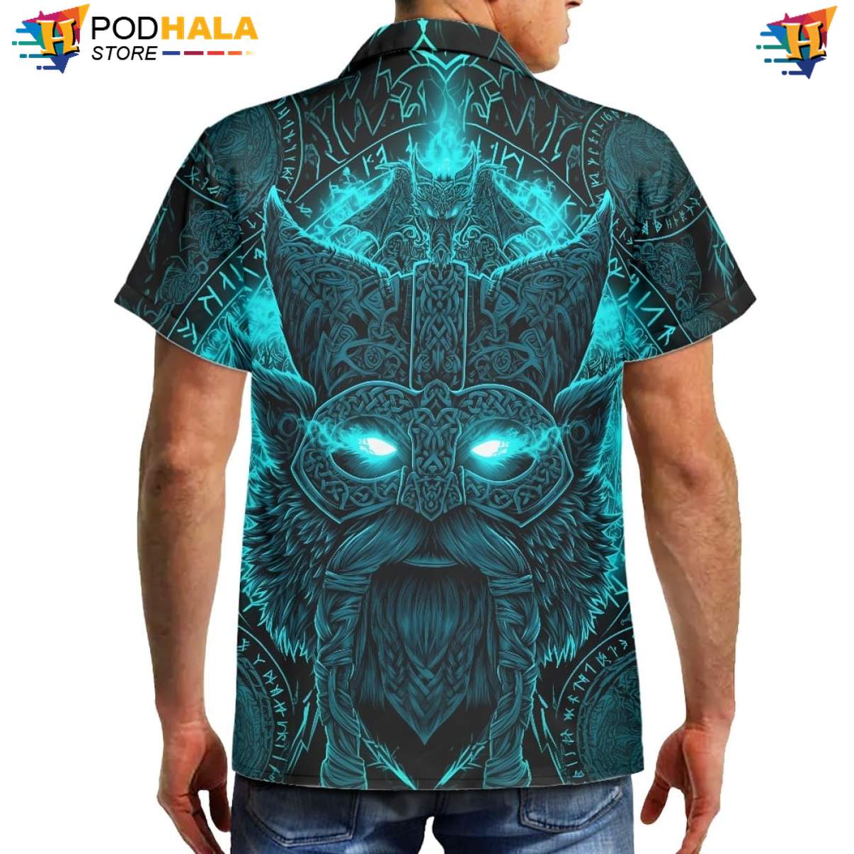 Cyan Norse Mask Warrior Aloha Shirt Mens Mythology Graphic Beachwear Top Cyan Norse Mask Warrior Aloha Shirt Mens Mythology Graphic Beachwear Top