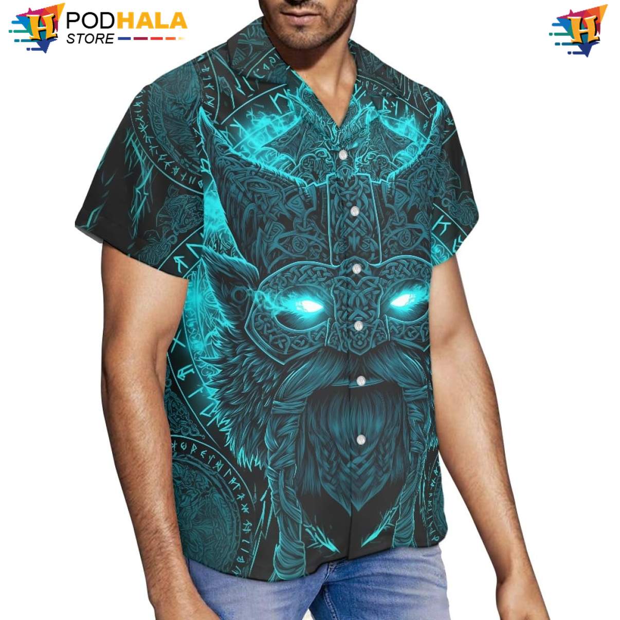Cyan Norse Mask Warrior Short-sleeve button-up shirt Mens Mythology Graphic Beachwear Top Cyan Norse Mask Warrior Short-sleeve button-up shirt Mens Mythology Graphic Beachwear Top