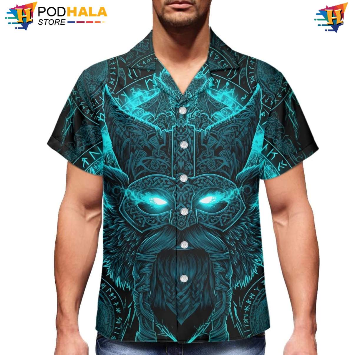 Cyan Norse Mask Warrior Aloha Shirt Mens Mythology Graphic Beachwear Top Cyan Norse Mask Warrior Aloha Shirt Mens Mythology Graphic Beachwear Top