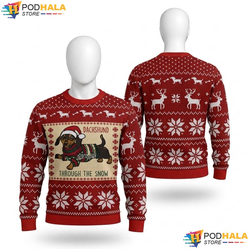 Dachshund Snow Ugly Christmas Sweater Funny Holiday Knit Pullover
