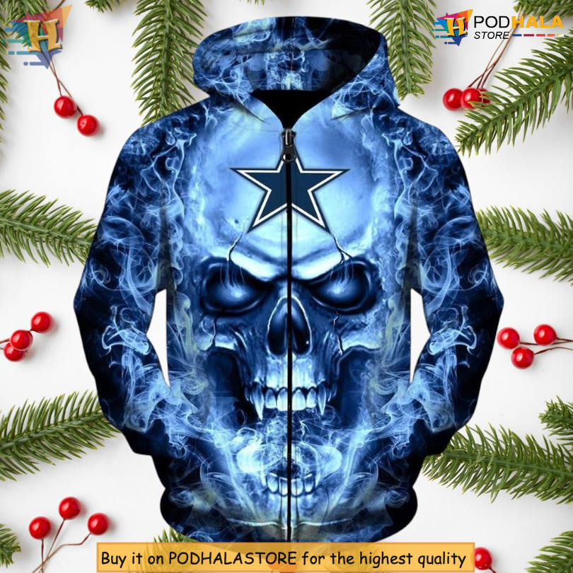 Dallas Cowboys 3D Hoodie Skull Design With Zipper Gifts for Fans