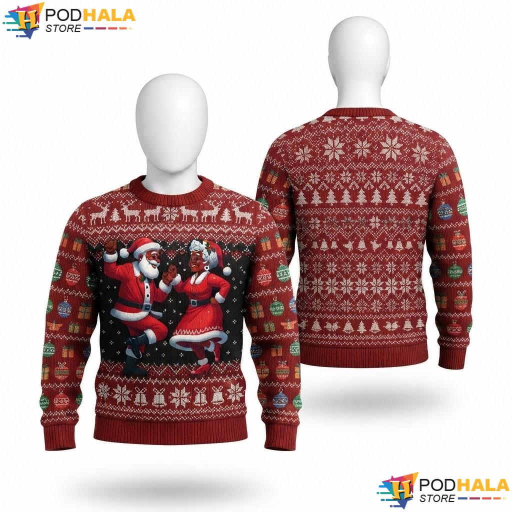 Dancing African American Santa Christmas Sweater Mrs Claus Holiday