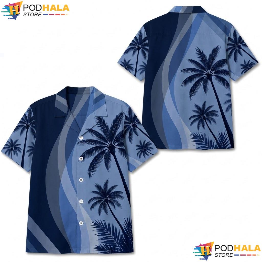 Dark Blue Coconut Tree Aloha Shirt Tropical Summer Casual Button Down