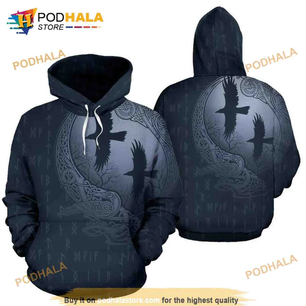 Dark Crow Viking 3d Hoodie Featuring Norse Mythology Inspired Design