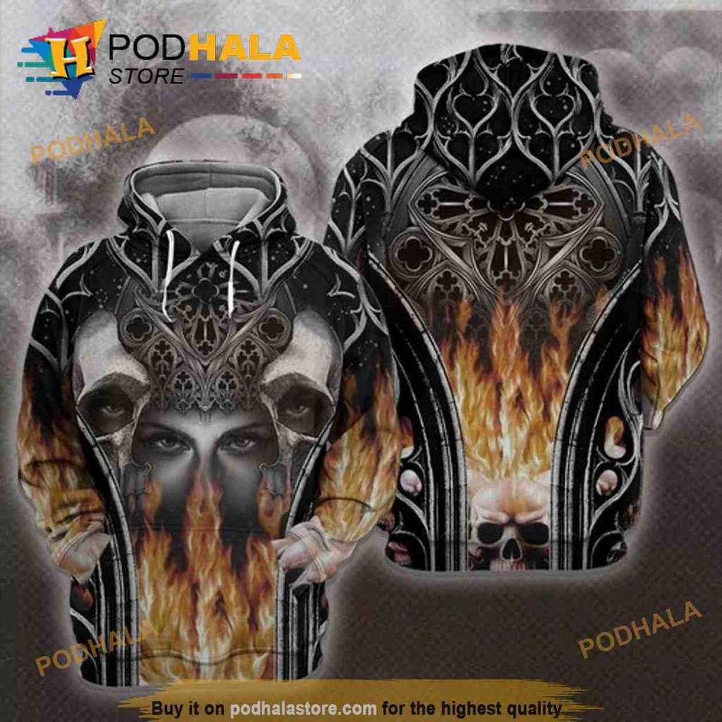 Dark Gothic Flames 3d Hoodie Featuring Striking Horned Design