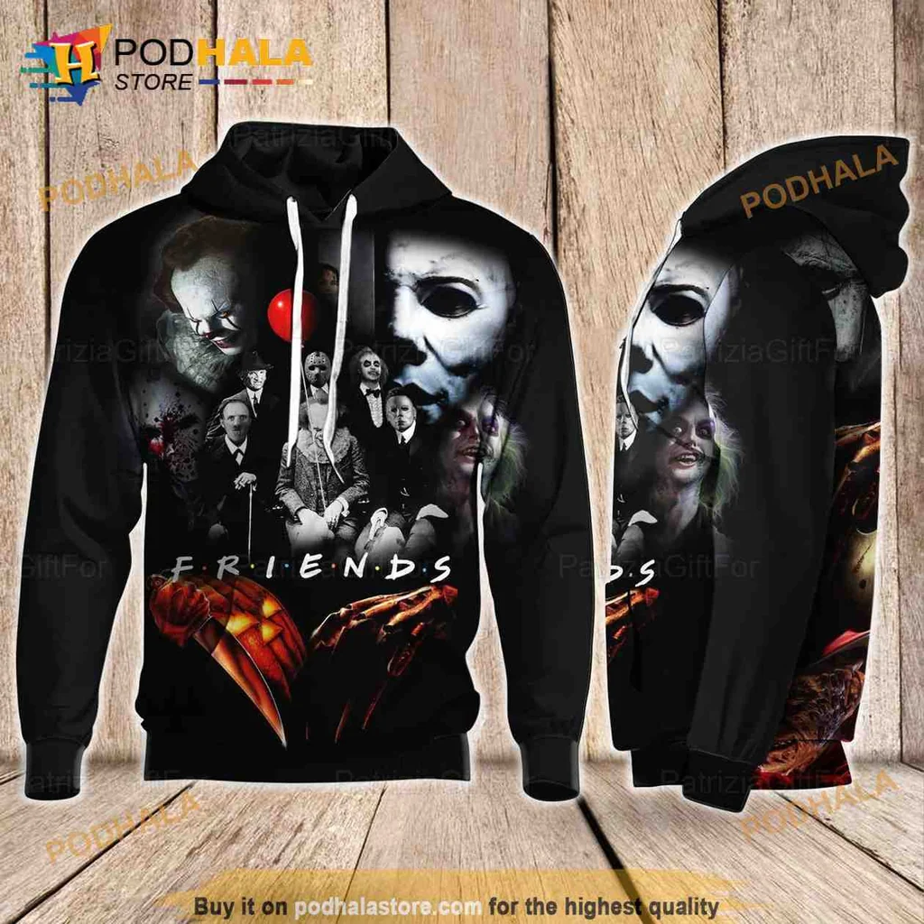 Dark Horror Movie Friends All Over Print Hoodie Featuring Michael Myers Jason And Freddy Dark Horror Movie Friends All Over Print Hoodie Featuring Michael Myers Jason And Freddy