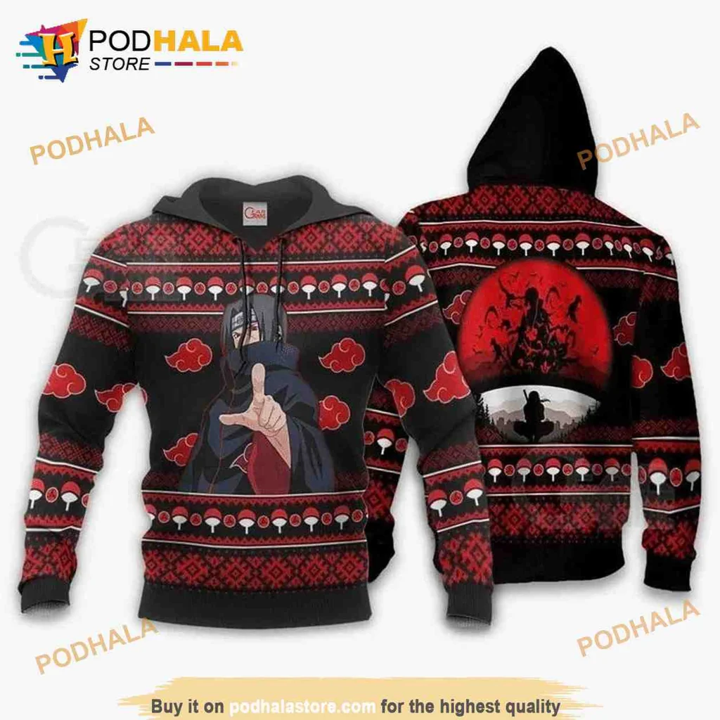 Dark Itachi Akatsuki 3d Hoodie With Red Cloud Symbols And Ominous Design