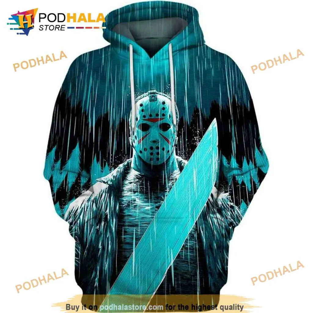 Dark Jason Voorhees Horror 3d Hoodie Featuring Striking Rainy Design