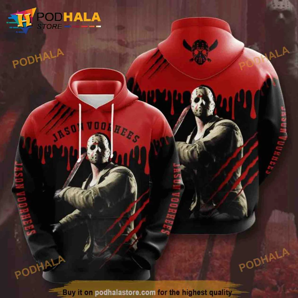 Dark Jason Voorhees Horror Hoodie With Iconic Design And Blood Backdrop