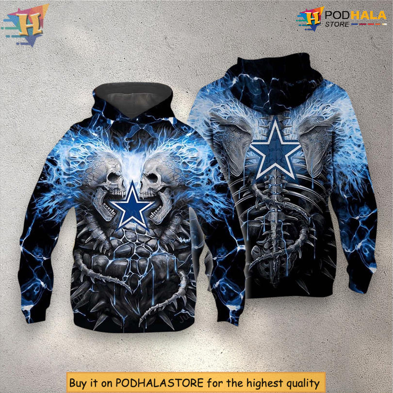 Dark Skull Flame Pattern Dallas Cowboys Football Hoodie 3D Zip Up Gear