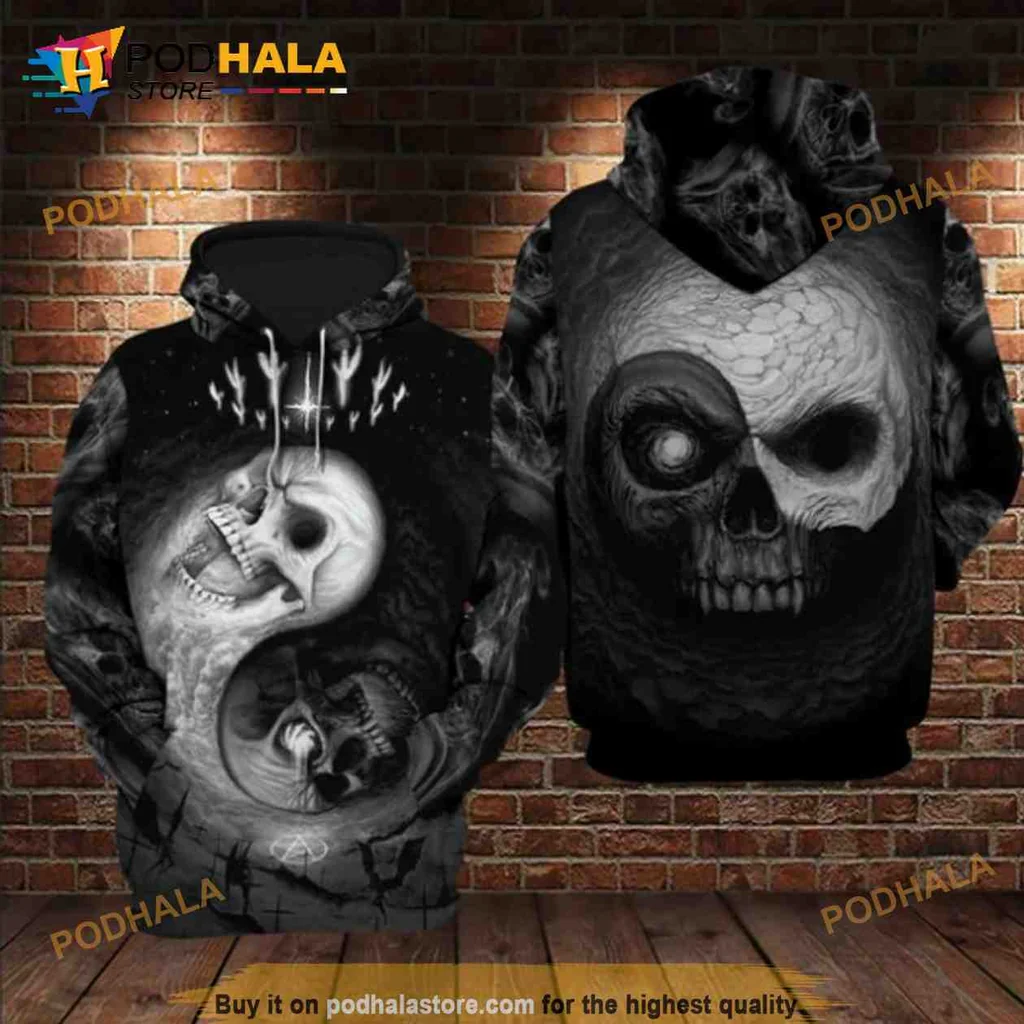 Dark Yin Yang Skull 3d Hoodie With Edgy Gothic Design
