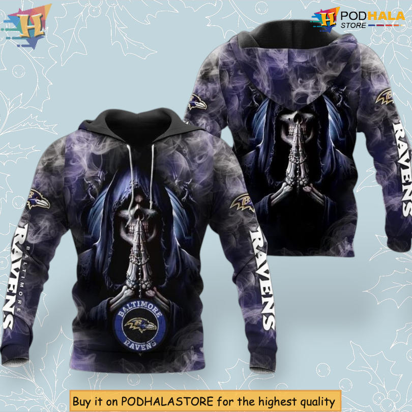 Death Smoke Illustration Mens Baltimore Ravens Hoodie 3D Zip Up for Fans