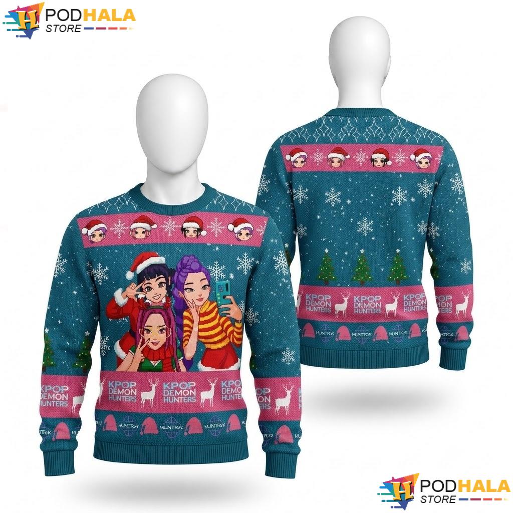 Demon Hunters Anime Girls Ugly Christmas Sweater Teal Kpop Festive Xmas