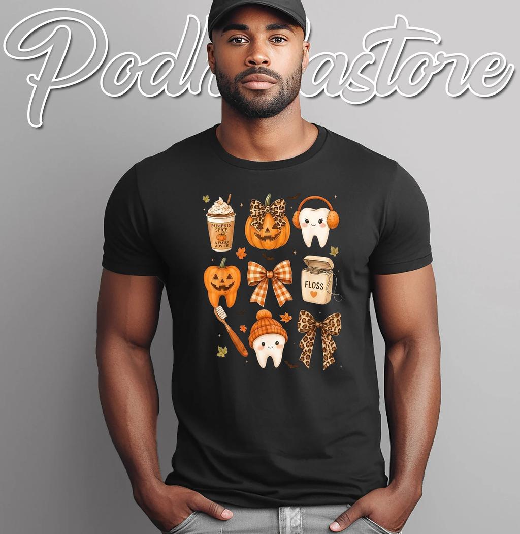 Dentist Tooth Pumpkin Bow T-Shirt Fall Halloween Dental Hygienist Top