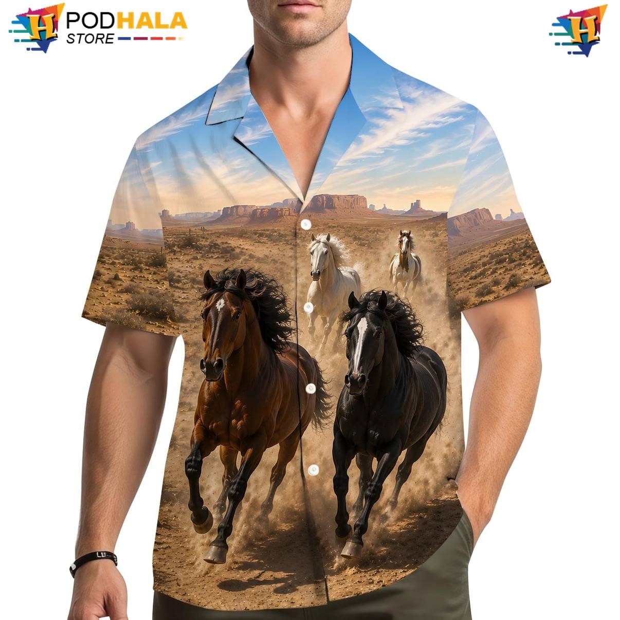 Desert Horse Fire Aloha Shirt Mens Graphic Weekend Beach Festival Camp Gear