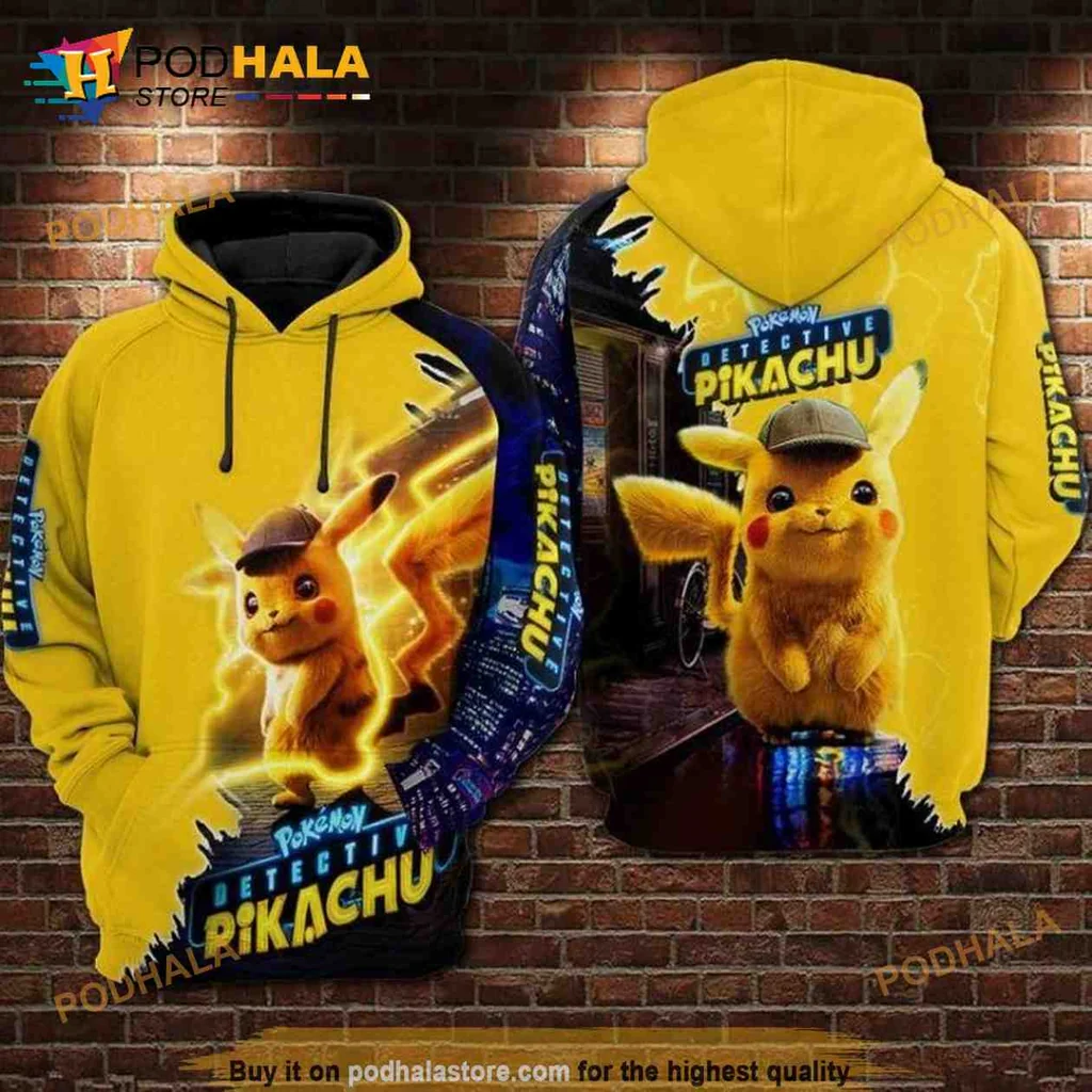 Detective Pikachu 3d Hoodie Featuring Colorful All Over Print Design