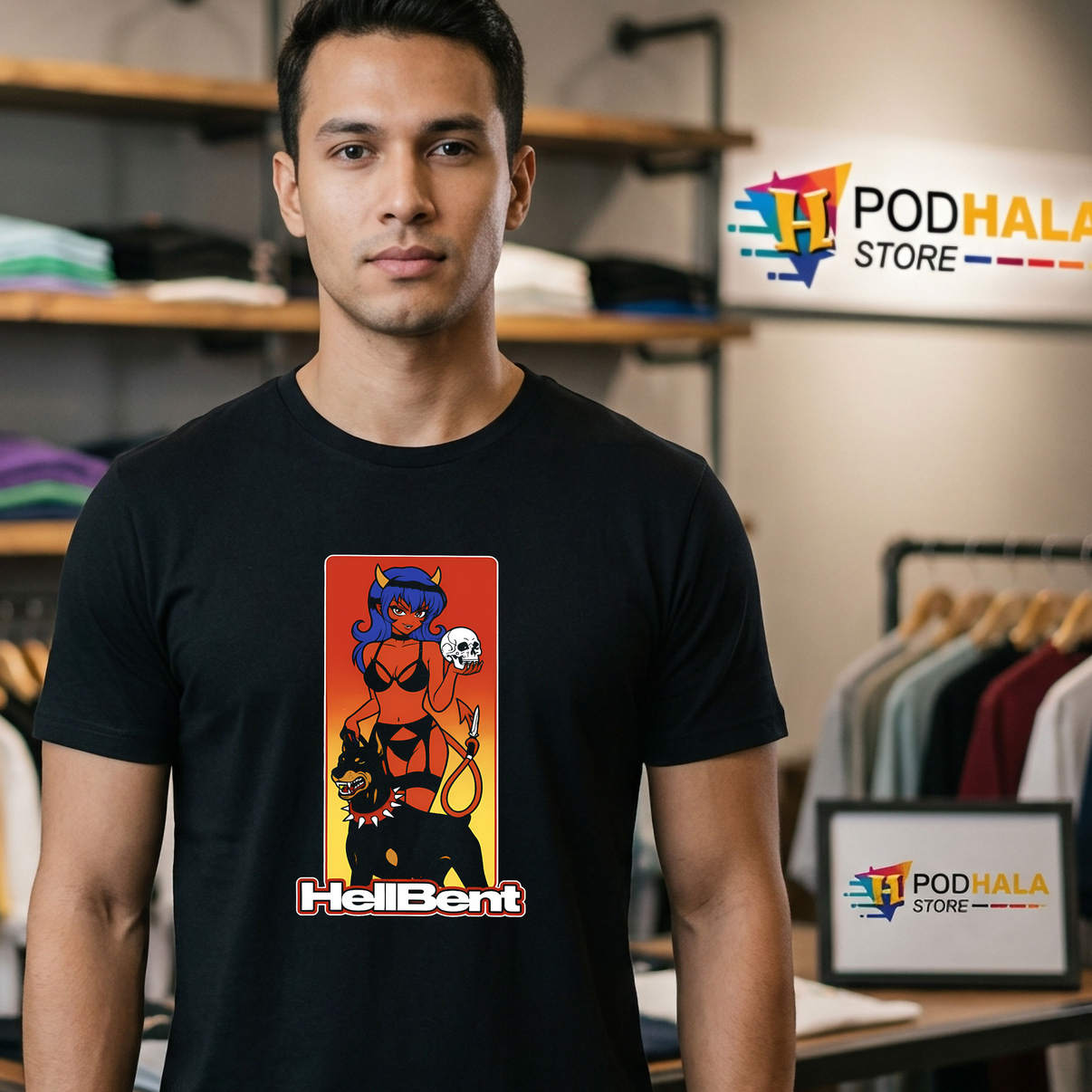 Devil Girls Dobermann Hellbent Shirt Retro Art Graphic Novelty Casual Mens