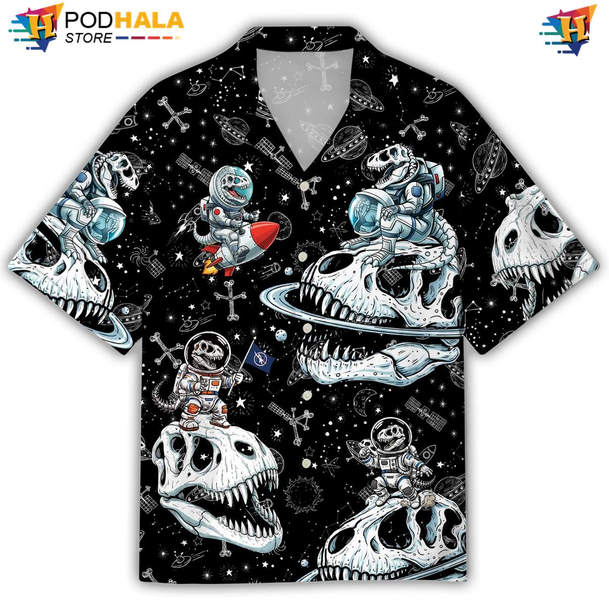 Dino Astronaut Aloha Shirt Mens Casual Beach Button Down Resort Wear Top
