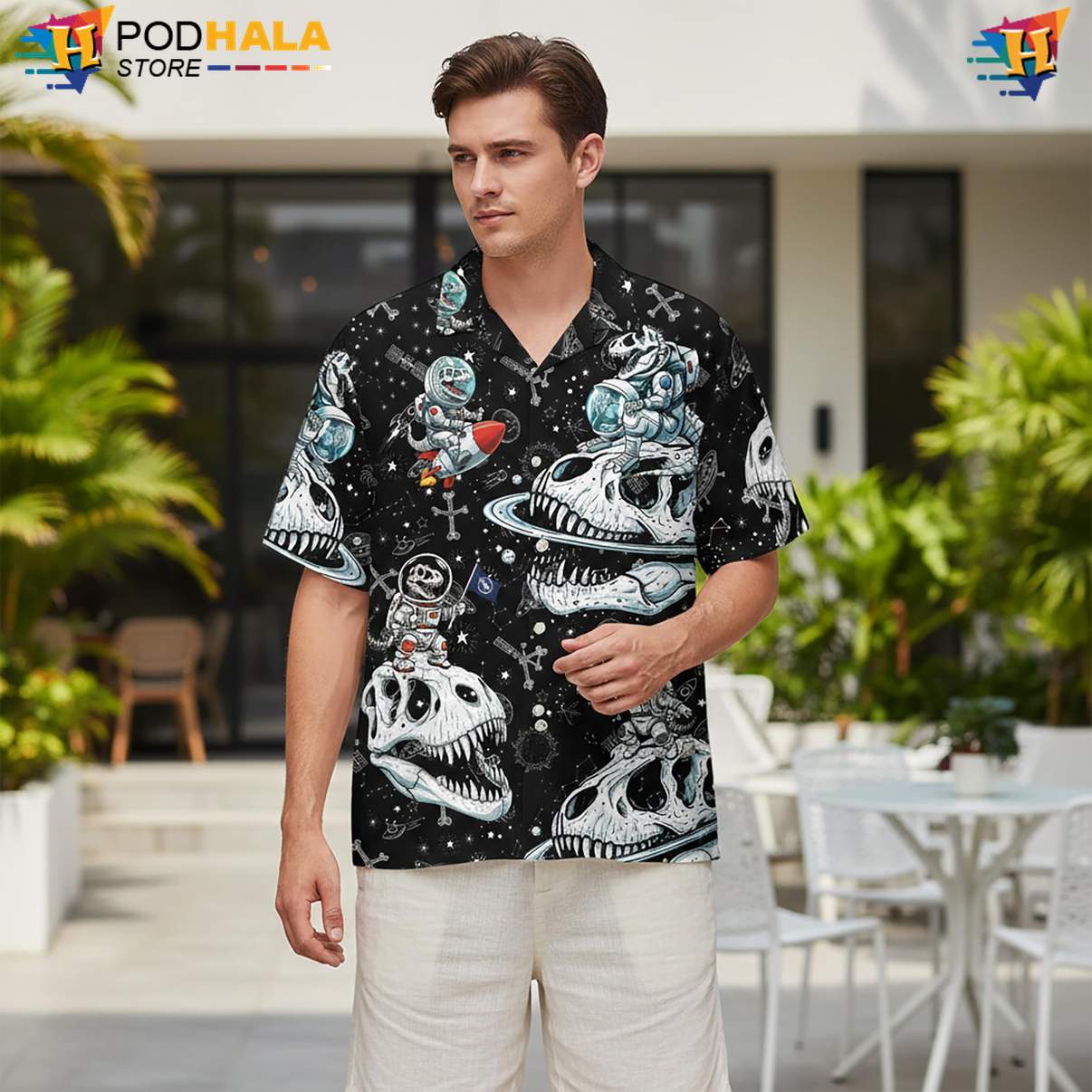 Dino Astronaut Tropical Shirt Mens Casual Beach Button Down Resort Wear Top Dino Astronaut Tropical Shirt Mens Casual Beach Button Down Resort Wear Top