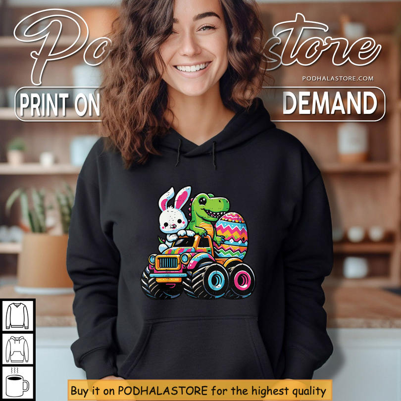 Dino Bunny On Truck Gift Toddler Boy Easter Shirt Kids Easter Graphic Tee