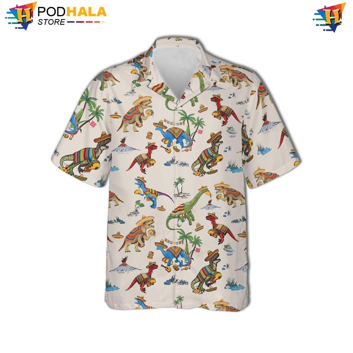 Dino Taco Hawaiian Shirt Mens Tropical Beach Button Down Luau Party Outfit