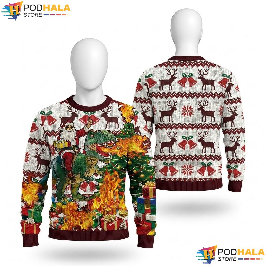 Dinosaur Santa Fire Ugly Xmas Sweater Playful Funny Holiday Outfit