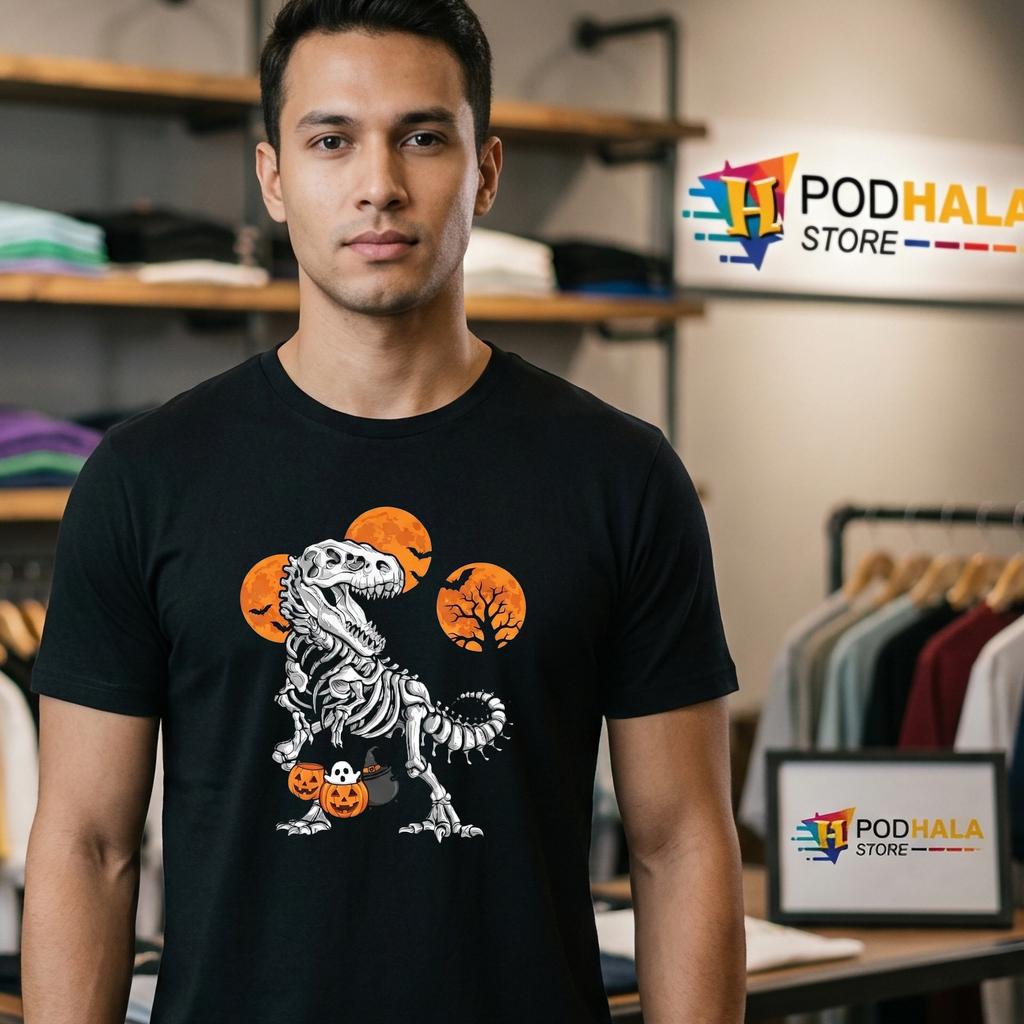 Dinosaur Skeleton T Rex Pumpkin Moon T-Shirt Scary Halloween Boys Top