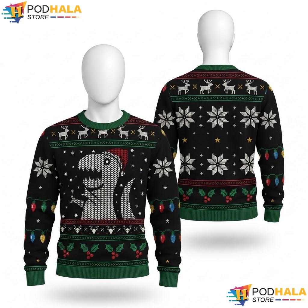 Dinosaur T Rex Santa Hat Ugly Christmas Sweater Funny Pajama Top