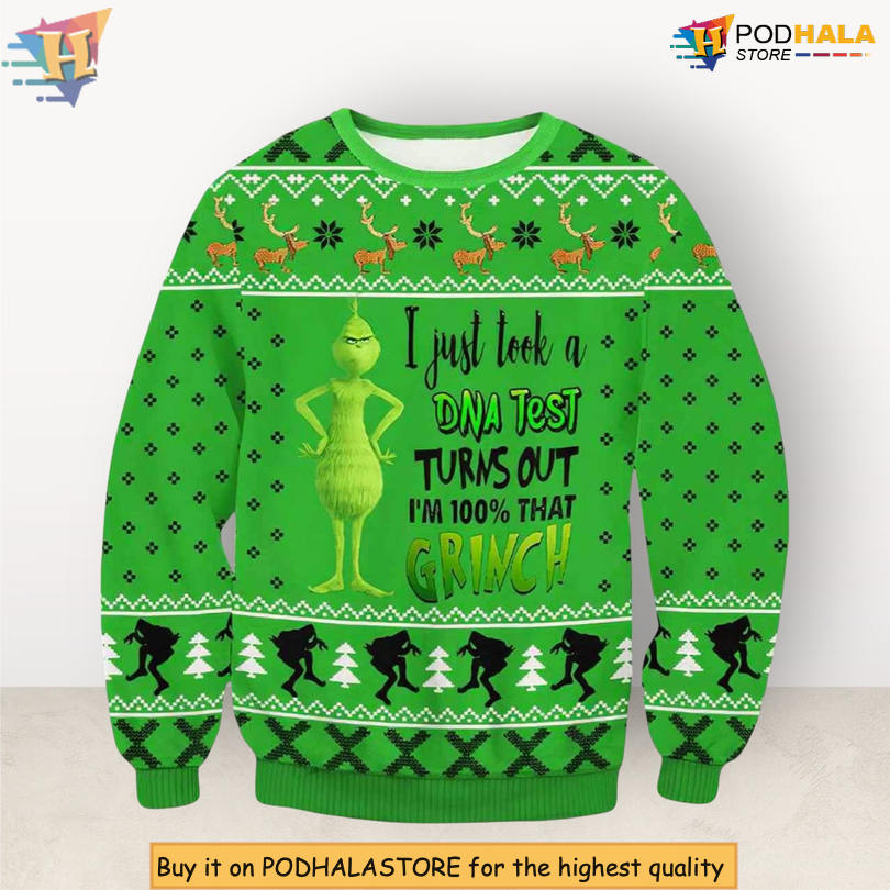 DNA Test Turns Out I’m 100 Grinch Meme Parody Humor Quote Funny Xmas Sweater