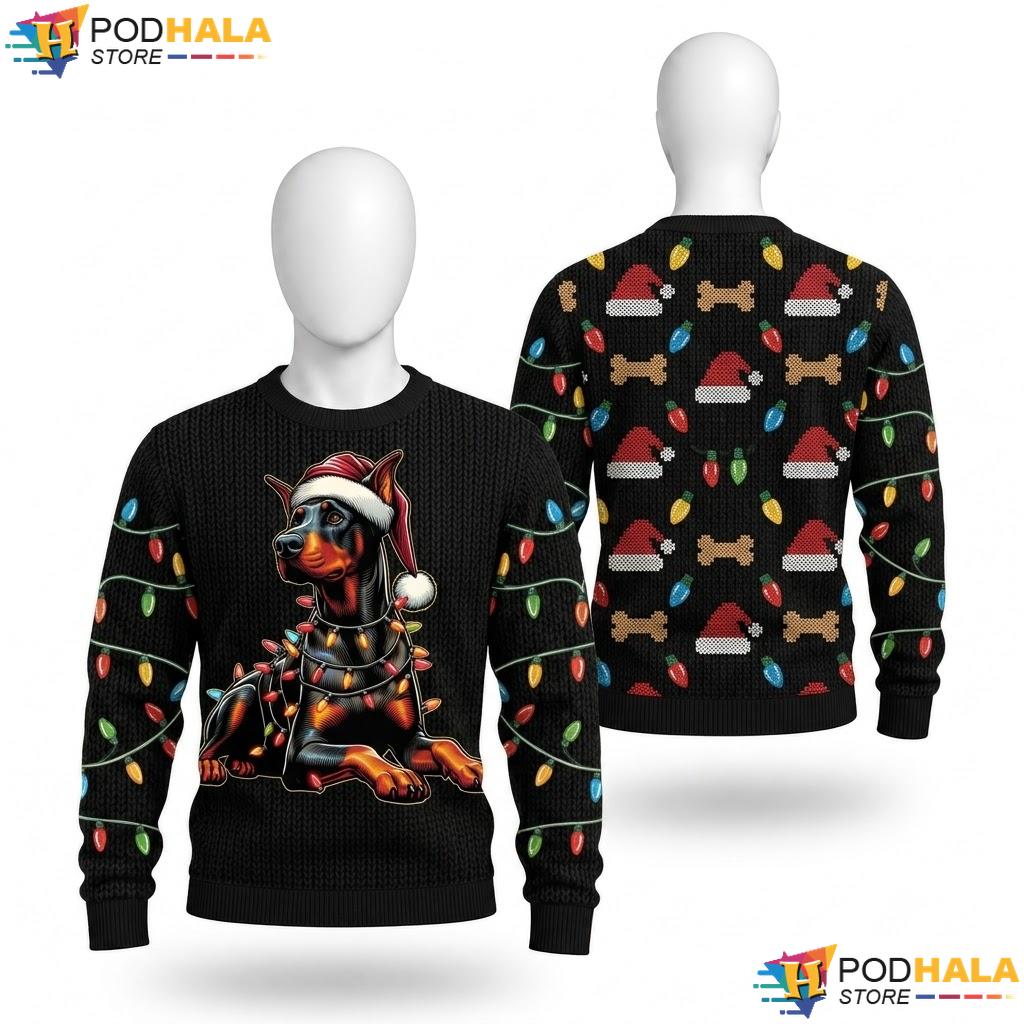 Doberman Dog Santa Hat Christmas Sweater Funny Xmas Holiday Apparel
